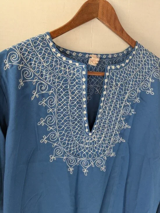 Moroccan Embroidered Tunic Top Women’s L Blue White Boho Kaftan Gandoura Shirt - Picture 2 of 8